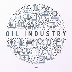 Oil industry concept in circle with thin line icons: gas, petroleum, diesel,  truck, tanker, ship, refinery, barrel. Modern vector illustration, web page template.