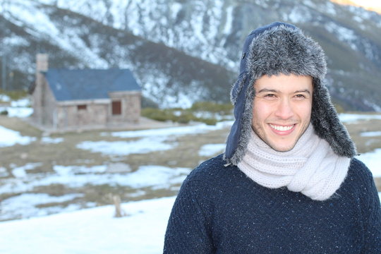 Eskimo male smiling outdoors with copy space