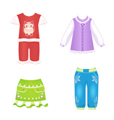 baby girl clothes pajamas jeans dress blouse skirt pants owl pattern vector illustration icons