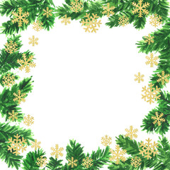Fototapeta na wymiar Christmas and New Year frame template of watercolor fir tree branches and gold snowflakes