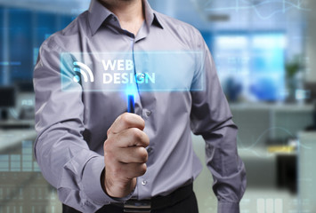 The concept of business, technology, the Internet and the network. A young entrepreneur working on a virtual screen of the future and sees the inscription: Web design