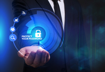 Business, Technology, Internet and network concept. Young businessman working on a virtual screen of the future and sees the inscription: Protect your password