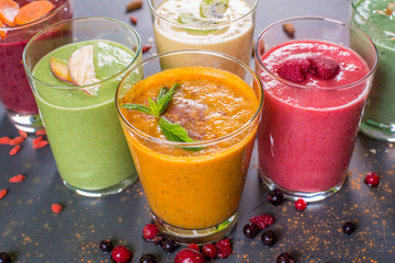 close up of fresh fruits smoothie