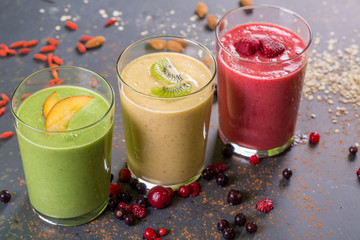 close up of fresh fruits smoothie