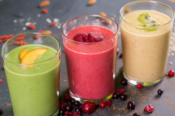 close up of fresh fruits smoothie