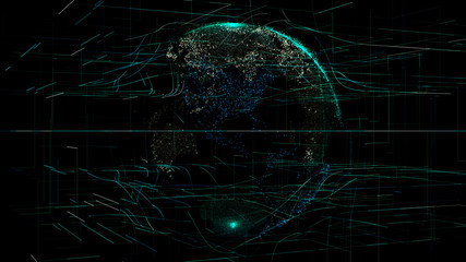 3D animation of planet Earth rotating in the global futuristic cyber-network with connection lines around the globe. The neural artificial grid represents data and cryptocurrency exchange in business 