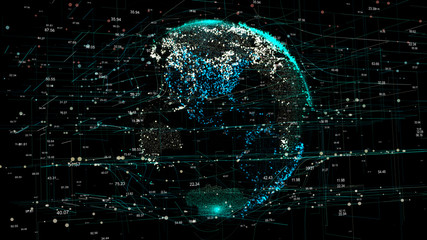 3D animation of planet Earth rotating in the global futuristic cyber-network with connection lines around the globe. The neural artificial grid represents data and cryptocurrency exchange in business 