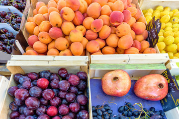 Fresh apricots, plums, grapes, apples, cherries and pomegranates for sale