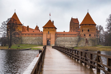 Trakai Island Castle nominated to World Heritage List in Trakai Historical National Park, Lithuania. Wet wooden bridge to Castle