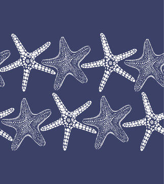 Dark Seamless Background with Starfishes. Sea Pattern in Hand Drawn Graphic Style for Surface Design Cards Invitations Banners Web. Vector Illustration