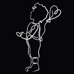 A boy with a heart shaped balloon, painted with one line