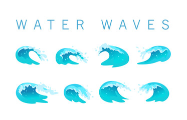 Vector collection of flat blue water waves, splatters, curves icons isolated on white background. Pure water splatters set, good for environment elements design, packaging emblems, banners, logo etc.