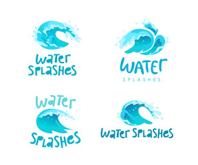 Vector flat illustration of water splashes emblem isolated on white background. Water wave curling icon collection. Hand written font. Good for pure water label, logo design, packaging label.