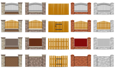 set icons fence made from wooden stone brick vector illustration