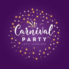 Fototapeta na wymiar Carnival party greeting card with mask, stars, firework Icons on shiny background.