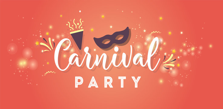 Carnival Concept Banner with mask, stars, firework Icons on shiny red background.