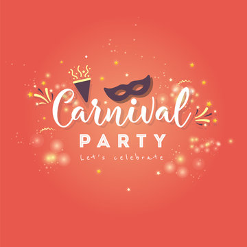 Carnival Concept Banner with mask, stars, firework Icons on shiny red background.