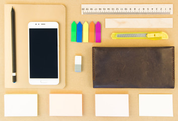 Modern samples of stationery, notebooks, stickers and pencils
