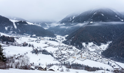 top view on snowy village luesen valley south tirol Italy