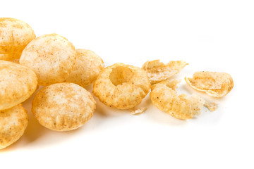 Puffed fried puri isolated on a white background isolated on a white background