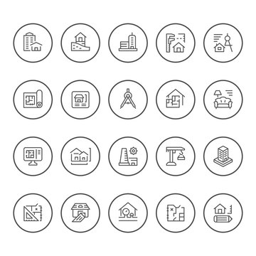 Set round line icons of architecture