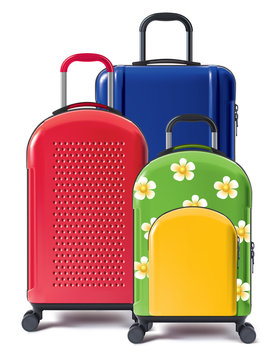 Set of bright wheeled suitcases. Valises for tourists. 3d illustration