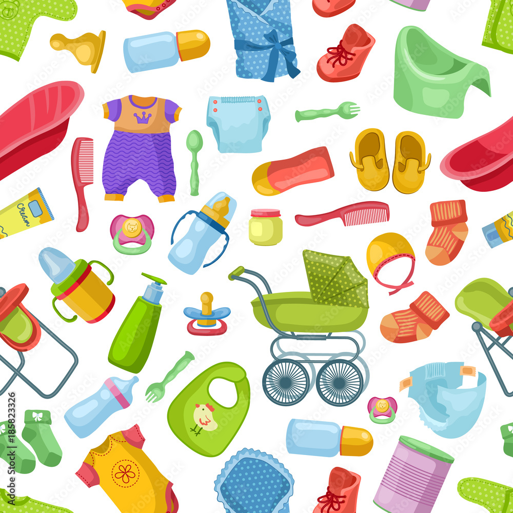 Poster vector seamless pattern with different elements for newborns