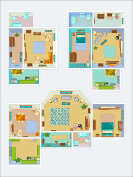 Drawings for the layout of the apartment. Top view vector pictures of kitchen, bathroom and living room