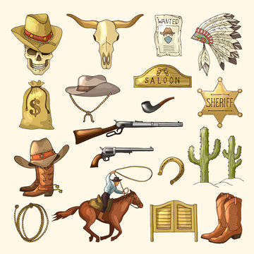 Colored illustrations of wild west symbols. Western vintage pictures isolated