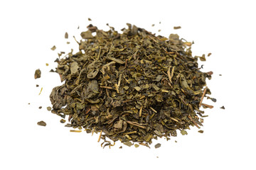 handful of dried green tea on a white background