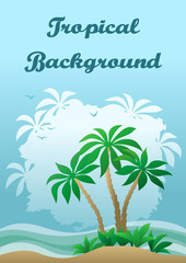 Fototapeta na wymiar Exotic Landscape, Sea with Waves, Tropical Island, Beach with Palm Trees, Green Grass and Clouds Palms Silhouettes and Birds on Blue Sky. Vector
