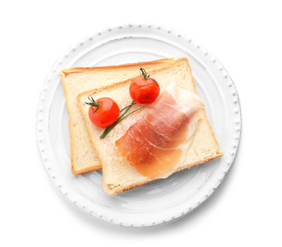 Plate with tasty toasts, tomatoes and bacon, isolated on white