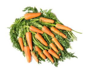 Tasty ripe carrots on white background