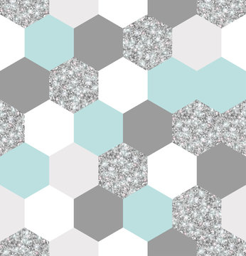 Silver, Mint And White Hexagon Grid Texture