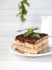 Tiramisu Dessert with Mint and Cup of Coffee on White Wooden Table