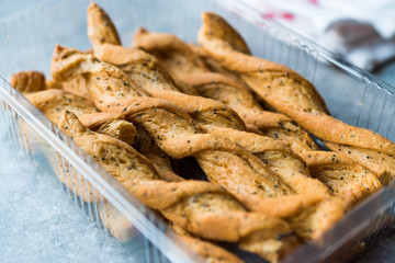 Mille Feuille Twisted Bread Stick Crackers with Spices, Tomato Flavor and Black Sesame or Cumins