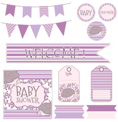Children's vector set for the birth of a child, birthday. Baby Shower, tags, garland, postcard, sticker.