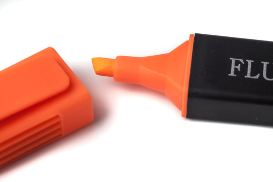 Orange Highlighter Pen and Matching Lid on White Background