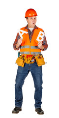 Full length portrait of a male builder in a orange helmet  over white wall background. repair, construction, building, people and maintenance concept..