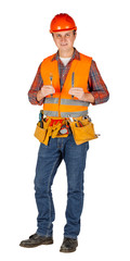 Full length portrait of a male builder in a orange helmet  over white wall background. repair, construction, building, people and maintenance concept..
