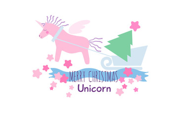 Fototapeta premium Pink unicorn Christmas greeting card