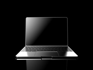 Laptop with black screen isolated on black background 3D illustration render