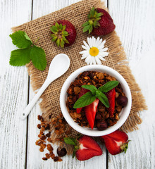 Homemade granola with strawberries