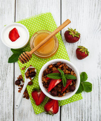 Homemade granola with strawberries