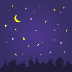 Dark city with moon and stars. Stock vector template, easy to use.