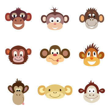 Set of funny cute monkey. Animal Portrait. Vector illustration