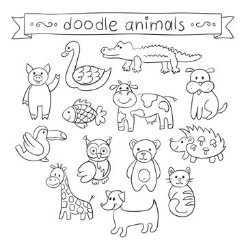 Cute Animals Doodle Set. Vector illustration for your cute design.