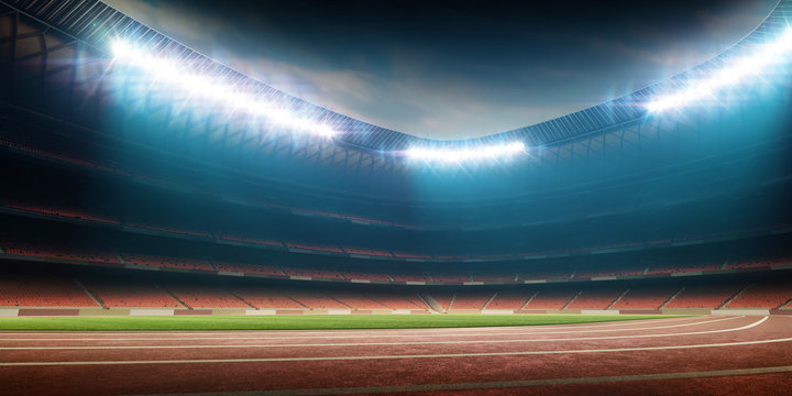 Night Stadium With Running Track And Soccer Field