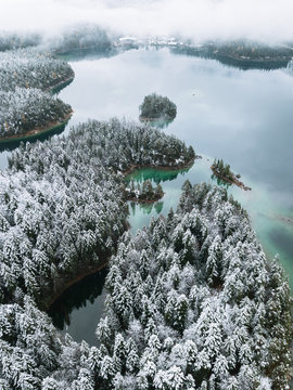 Lake Eibsee during winter with snowy forest