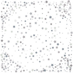 Abstract pattern of random falling silver stars on white background. Elegant pattern for banner, greeting card, Christmas and New Year card, invitation, postcard, paper packaging. Vector illustration